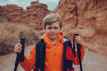 Portrait of boy hiker with trekking poles in mountain canyon
