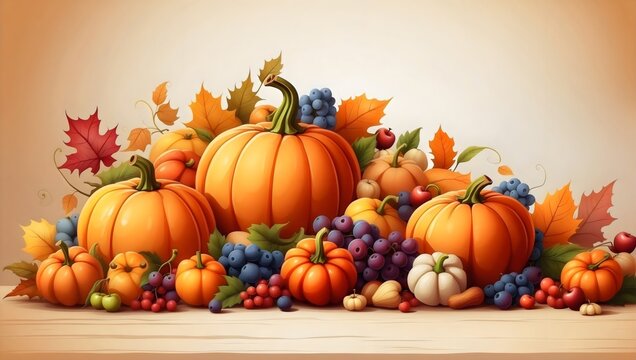 Thanksgiving background with pumpkins, grapes, and leaves on wooden table, Fall harvest theme with seasonal fruits and foliage