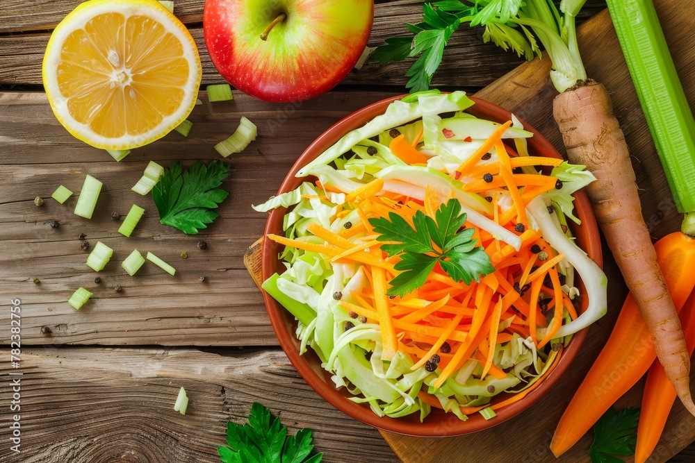 Wall mural healthy top view salad with apple carrot cabbage celery lemon on wooden background