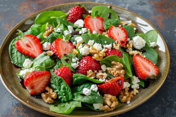 Healthy summer salad with strawberries spinach walnuts feta cheese balsamic vinegar and kale