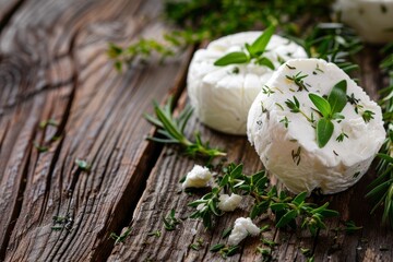 Herbed goat cheese on aged wood table - obrazy, fototapety, plakaty
