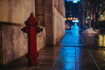 Fire hydrant on a street in Seoul at night, South Korea