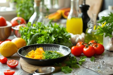 Ingredients for making mimosa salad on the table