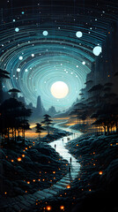 Surreal landscape with ethereal lights and cosmic swirls: A futuristic fantasy scenery