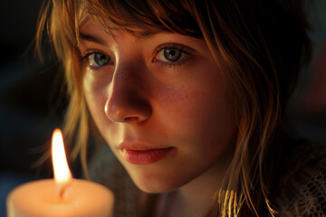 A woman is holding a candle in her hand. The candle is lit and the woman's face is illuminated by the light. Concept of warmth and intimacy, as the candlelight creates a cozy atmosphere