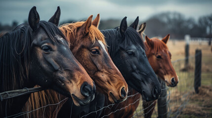 Obraz premium Five horses are standing next to a fence in a field. The horses are all brown and have their heads turned towards the camera. The scene gives off a peaceful and calm mood