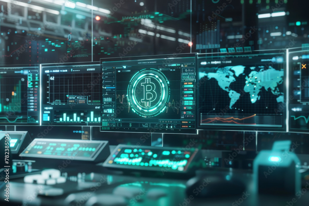 Poster a computer monitor displays a green bitcoin symbol. the computer monitors are all turned on and are 