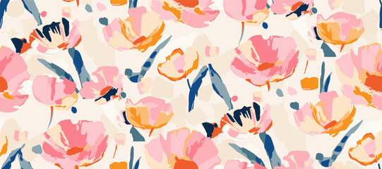 Abstract floral seamless pattern. Bright colors, gouache painting - obrazy, fototapety, plakaty