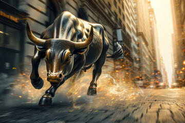 A bull is running through a city street, surrounded by smoke and fire. The scene is chaotic and intense, with the bull's horns and body language conveying a sense of power and aggression - obrazy, fototapety, plakaty