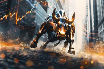 Gordijnen A bull is running through a city with a stock market graph in the background. The bull is depicted as a symbol of strength and power, while the stock market graph represents the financial world © mila103