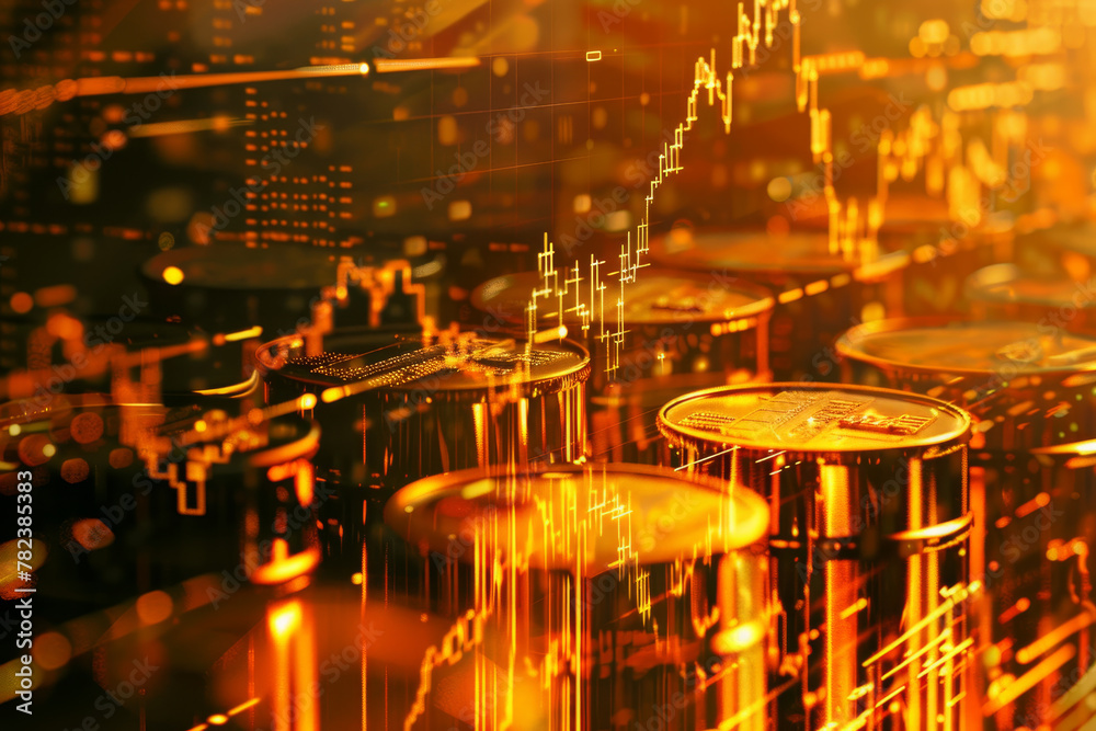 Poster a close up of a computer screen with a lot of numbers and a gold colored object in the middle