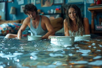 a man and a woman are sitting at a table in a flooded room