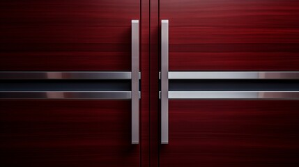 Detailed view of a ruby-toned front door with brushed metal handles, adding sophistication to the contemporary facade