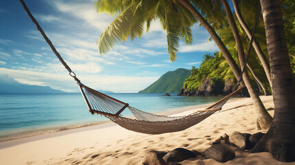 a hammock hanging between two palm trees on a tropical beach with clear blue water and a sandy shore with a rock formation in the background 