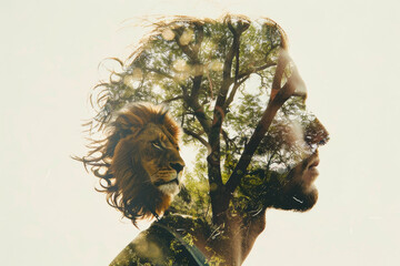 A man's face is shown with a lion on his head. The lion is surrounded by trees, giving the impression that the man is a lion himself. Concept of strength and power, as well as a connection to nature