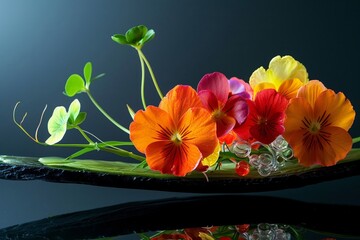 Avant-garde chef table presentation, featuring edible flowers and molecular gastronomy on a sleek, black surface, epitomizes culinary innovation.