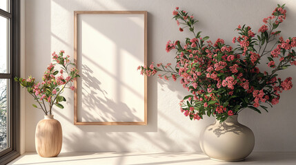 Vase with pink blossoms on table beside empty picture frame, sunlight casting soft shadows on white wall. Interior design elements evoke calm and beauty