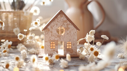 Paper house surrounded by white daisies on wooden surface, soft light creates homely, dreamy ambiance. Details evoke themes of comfort, nature, and real estate
