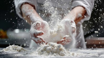 A chef expertly kneads dough, with flour dusting the air, showcasing the tactile beauty of culinary art in motion.