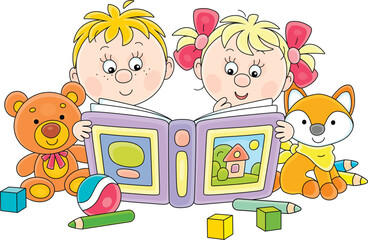 Funny little boy and girl reading an interesting book of fairy tales among their toys in a nursery room, vector cartoon illustration isolated on a white background