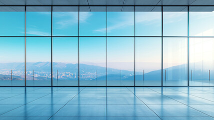 Modern office with panoramic windows revealing city skyline and mountains in distance. Reflections of clear blue sky on glass surface create open airy feel