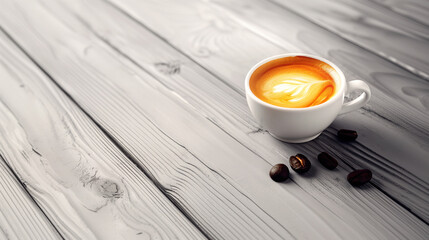 Cup of espresso with perfect crema on grey wooden surface, coffee beans scattered nearby. The scene captures the essence of a coffee break