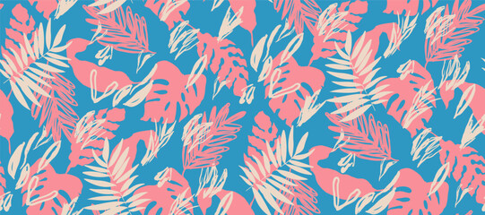 Simple monochrome two-color seamless tropical pattern silhouette.