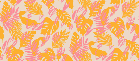 Simple monochrome two-color seamless tropical pattern silhouette.