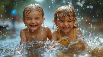 Two girls joyfully playing in the water, their smiling faces wet with happiness