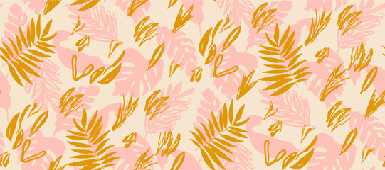 Simple monochrome two-color seamless tropical pattern silhouette.