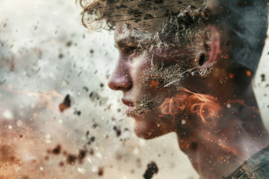 A man's face is shown in a distorted way, with smoke and ash surrounding him. Concept of chaos and destruction, as if the man is caught in the midst of a natural disaster or a violent event