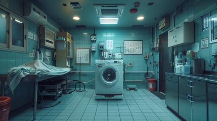 A washing machine is the main fixture in the laundry room
