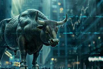 A bull with horns is standing in front of a graph. The bull is looking at the graph, and the graph is showing a downward trend. Scene is serious and focused - obrazy, fototapety, plakaty