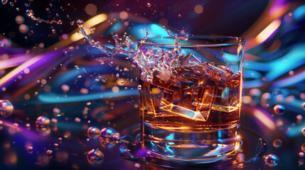 Dynamic Splash. A glass filled with a liquid and ice cubes is captured mid-splash against a vibrant, illuminated background.