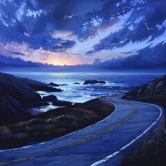 Watercolor digital painting of a curvy coastal road meandering towards a vibrant sunset over the ocean, with dramatic clouds and flying seagulls.