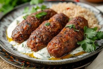 Kibbeh in yogurt sauce with cilantro Middle Eastern dish with ground meat bulgur wheat