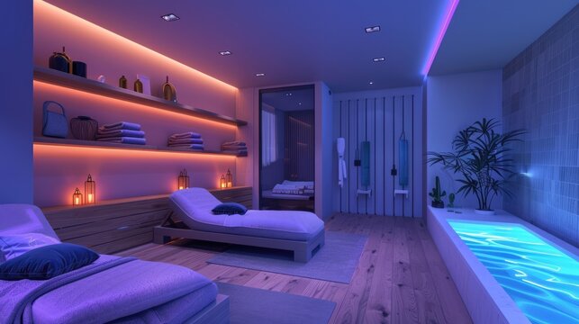 Lounge spa salon room in neon colors, chromotherapy relax interior