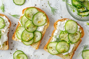 Labne and pickled cucumber toast on a light background top view Sandwiches with soft cheese and cucumber tasty nutritious meal Flat lay