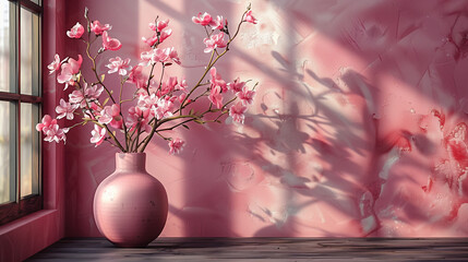 cherry blossom in pink vase in pink room