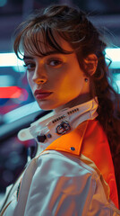 A woman is wearing a white jacket with orange trim and a ponytail. She is looking directly at the camera