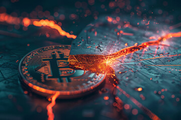 A close up of a Bitcoin coin with a slash through it. The image has a dark, moody atmosphere with a sense of destruction and chaos - obrazy, fototapety, plakaty