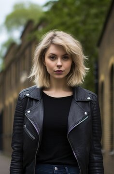 a woman in a black jacket