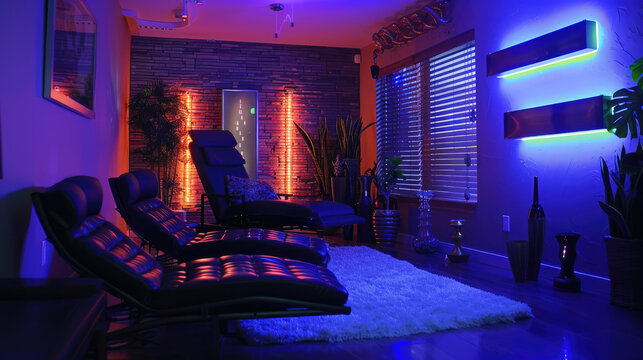 Lounge spa salon room in neon colors, chromotherapy relax interior
