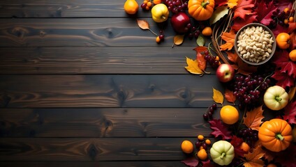 Thanksgiving day or seasonal autumnal background with pumpkins and fallen leaves, side border, on a rustic brown wooden background, top view, copy space for text, top view - Powered by Adobe