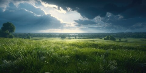 Scenic Meadow Landscape with Cloudy Sky Generative AI