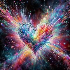 Shattered Heart: Colorful Heart Explosion with Vibrant Hues