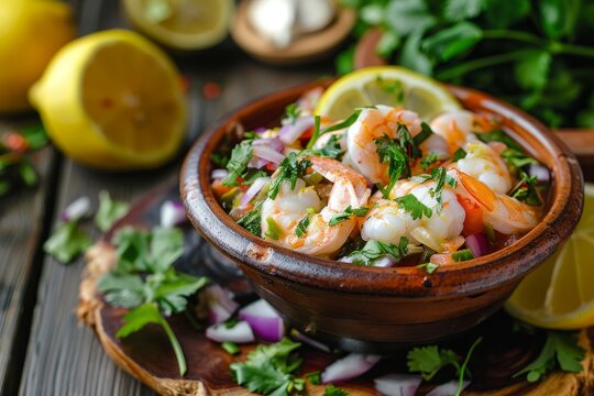 Latin American dish of ceviche with seafood shellfish lemon cilantro and onion served in a clay bowl on a wooden background originating from Peru or Chile
