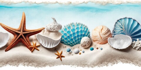 Obraz na płótnie Canvas Tropical Seaside Banner with Seashells, Coral, and Starfish Generative AI
