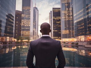 Fototapeta na wymiar Back view of an African-American businessman in a formal suit against the backdrop of skyscrapers in the business district of the city. Success and prosperity. Hard work in finance. 