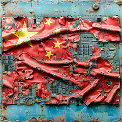 Motherboard design overlaid with the flag of China, representing the fusion of technology and...